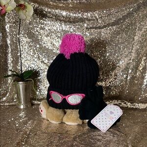 Chic Black Knit Beanie with Pink Pom Pom